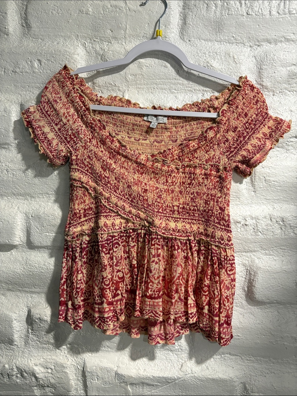 NWT Patrons of Peace off-the-shoulder smocked ruffle top